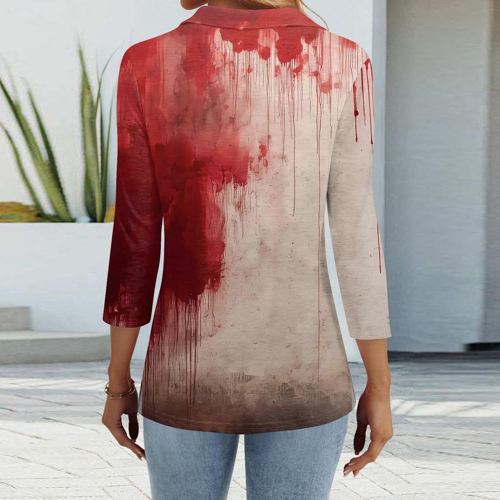 Women's Fashion Casual Lapel Short 3/4 Sleeve Halloween Print Shirt Women's Button Up Tops