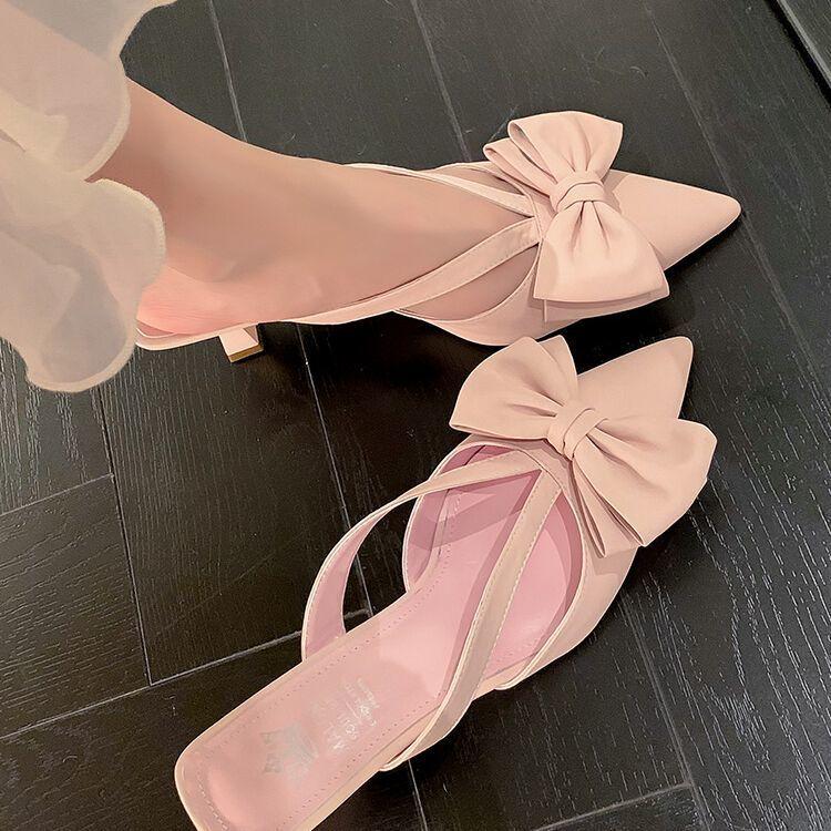 Pink French bow with skirt sandals pointed foreign style beautiful comfortable high heel bag head half slippers summer wear