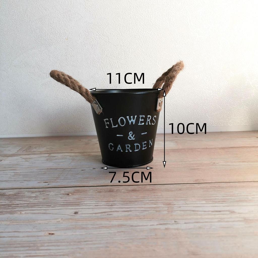 Tin Flower Pot with Hemp Rope Succulent Holder - European Pastoral Wrought Iron Bucket