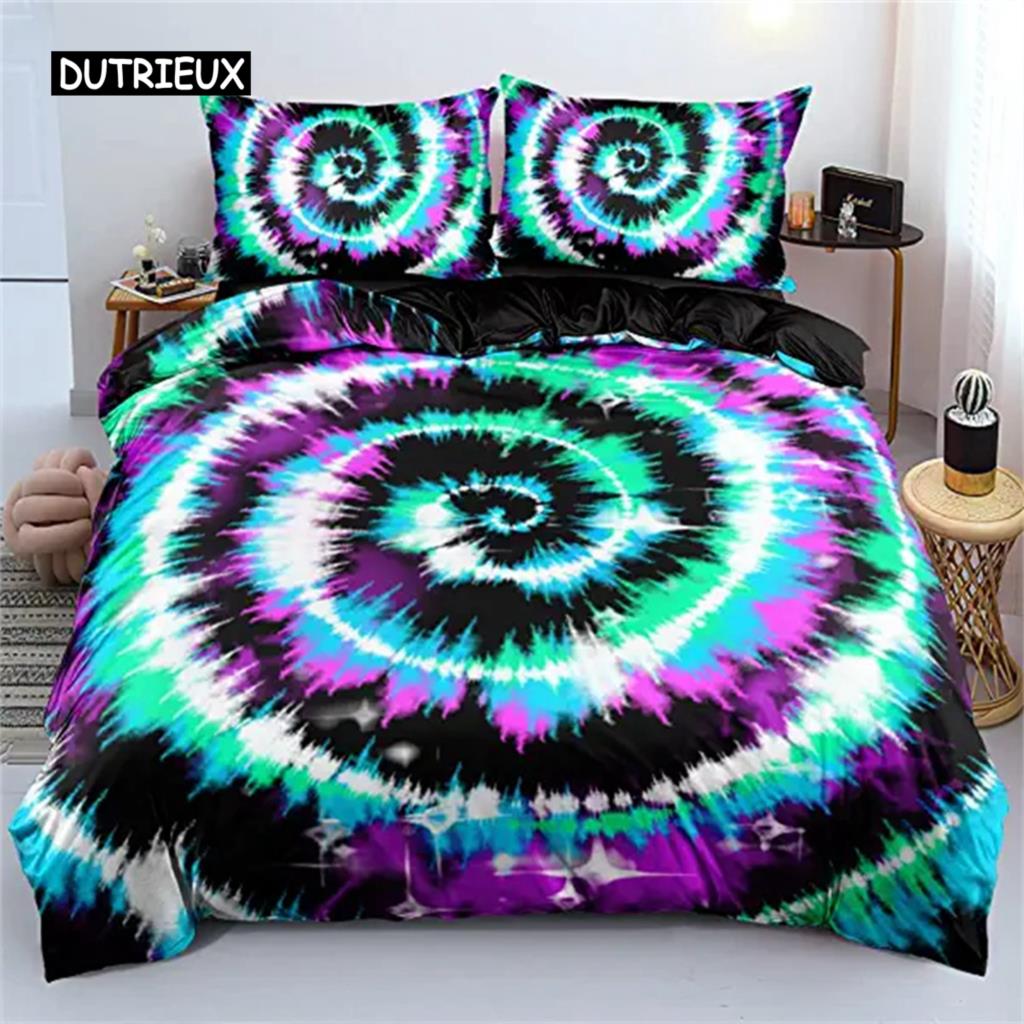 Tie Dye Duvet Cover Hippie Spiral Bedding Set Ethnic Boho Duvet Cover Swirl Tie Dye Pattern Bed Bohemian Hippie Bedding Decor