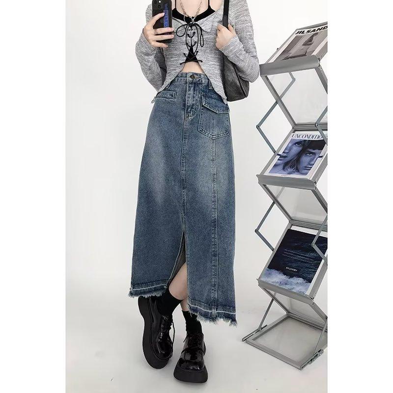 Midi Denim Skirt for Women High Waist Split Korean Style Blue Skirts Spring Summer