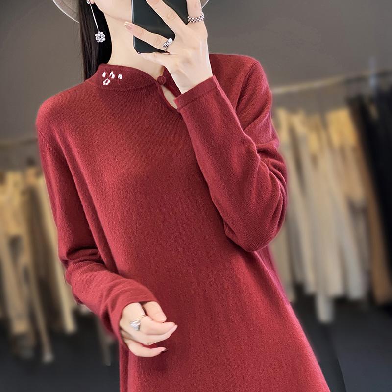 Women's Cashmere Dress Qinghe Cashmere 70% Wool 30% Cashmere Women's Autumn and Winter Cashmere Dress Soft and Warm