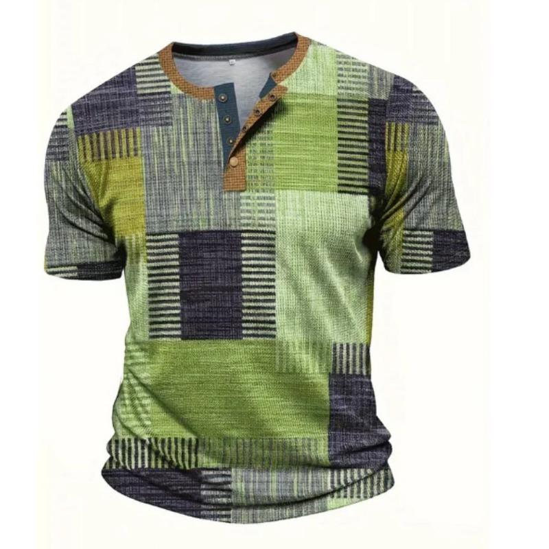 European and American semi-cardigan, casual short-sleeved digital printing slim-fit pullover Henry T-shirt top men's clothing