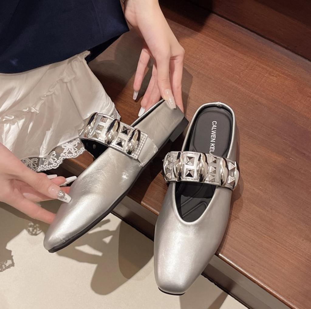 Spring Summer New Square Head Slippers Metal Buckle Thick Bottom Women Slip on Mules Shoes Fashion Korean Versatile Dress Slides