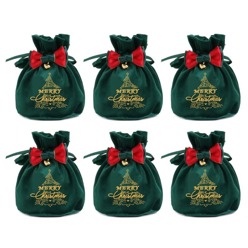 Reusable Holiday Velvets Treat Pouch Drawstring Gift Bag With Bowknot And Bell Christmas Party Decoration Accessories