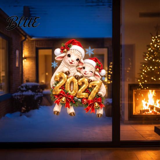 Glass Surface Decorations Sheep Santa Hat 2027 Sticker Christmas New Year Static Window Decal Removable Seasonal Home Decor of The Sticker