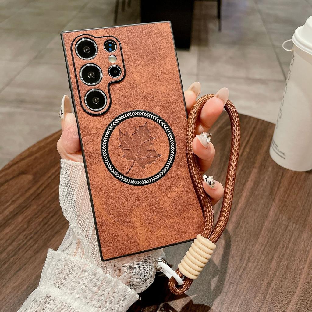 Suitable for Samsung S25Edge Mobile Phone Case Lambskin Maple Leaf S24Ultra Full Inclusive Magnetic Lanyard S23 Protection Case