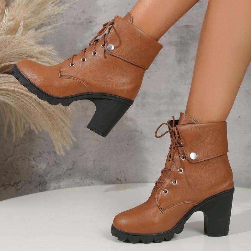 Fashion High Heels Women Ankle Boots Lace Up Spring and Fall Platform Ladies Boots Large Size 40 41 42 Fashion Leather Shoes Black Brown
