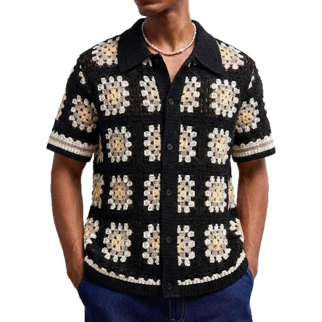 Herren Sommer Sexy Cool Durchbrochen Atmungsaktiv Hemd Sommer Lässig Gestrickt Kurzärmelig Revershemd