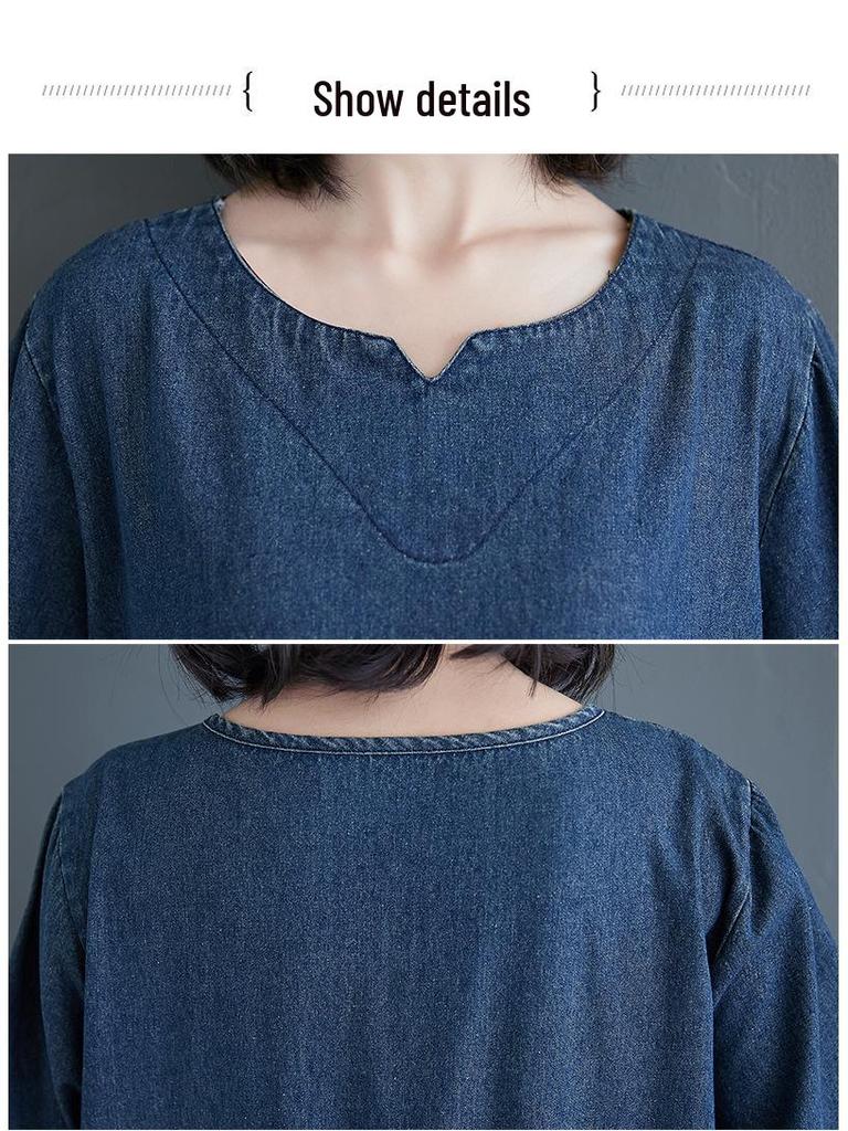 Robe en jean mi-longue rétro grande taille printemps 2021 à manches longues