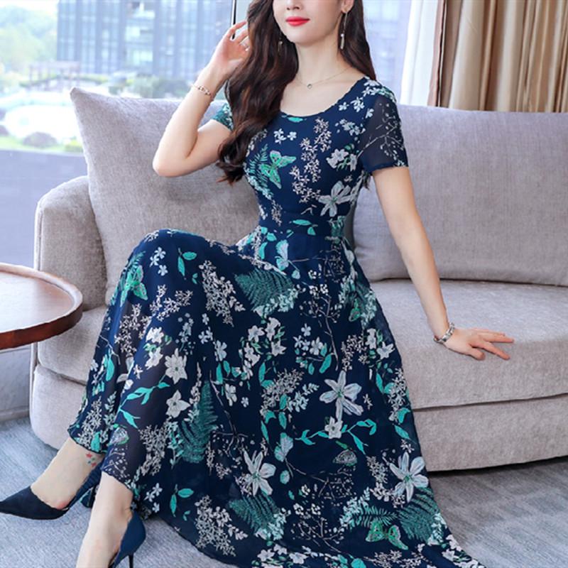 2021 Summer Women's Short-Sleeve Floral Knee-Length Dress with Round Neck