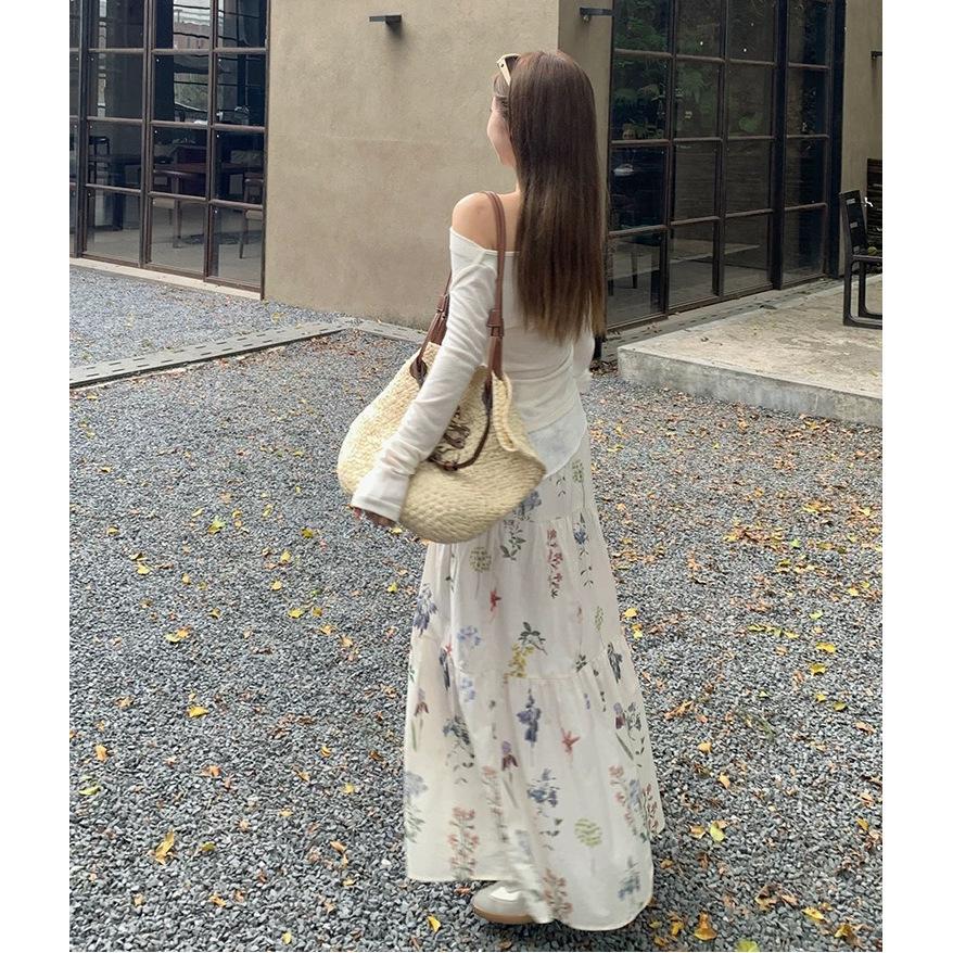 High waist drooping floral skirt women's spring and summer new sweet long a-shaped skirt small long skirt