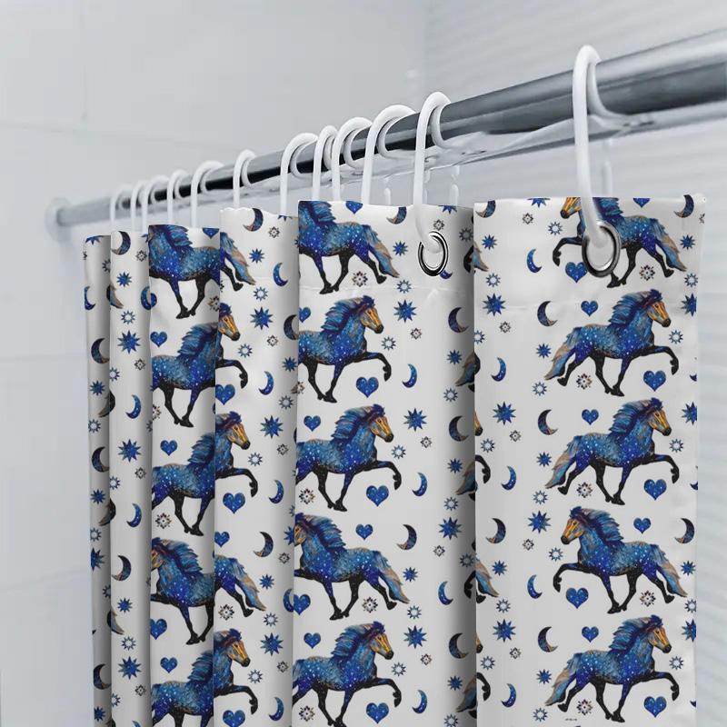 Blue Floral Horse Shower Curtain Set Decorative Waterproof Bath Mat Bathroom Accessories White Blue Pattern Design (180 x 240cm)