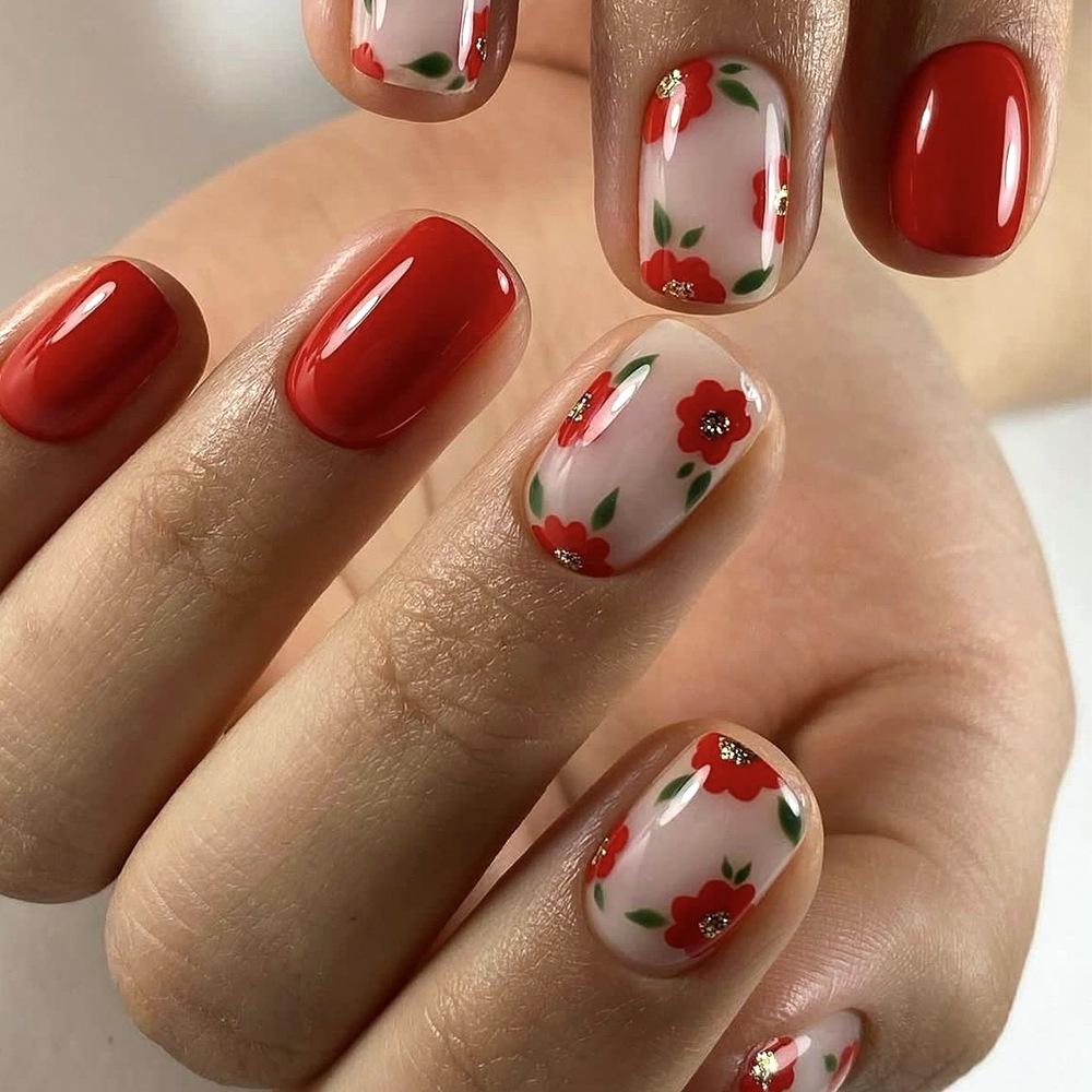 24 Piezas Diseño de Perlas Longitud Media Ballet Cobertura Completa Cuadrado Uñas Postizas Puntas de Uñas Falsas Set de Manicura