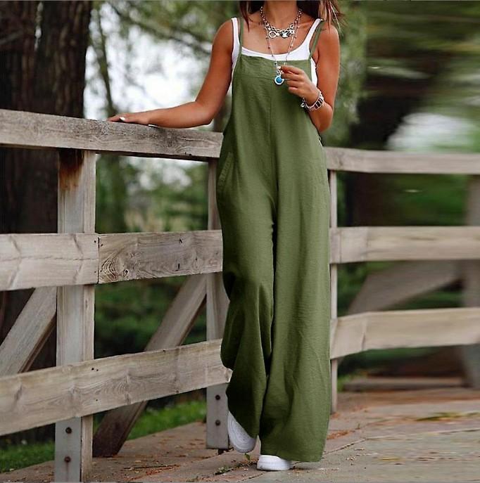 Women's Fashion Casual Cotton And Linen Adjustable Suspender Jumpsuit Pants Solid Color Leg Split Jumpsuit