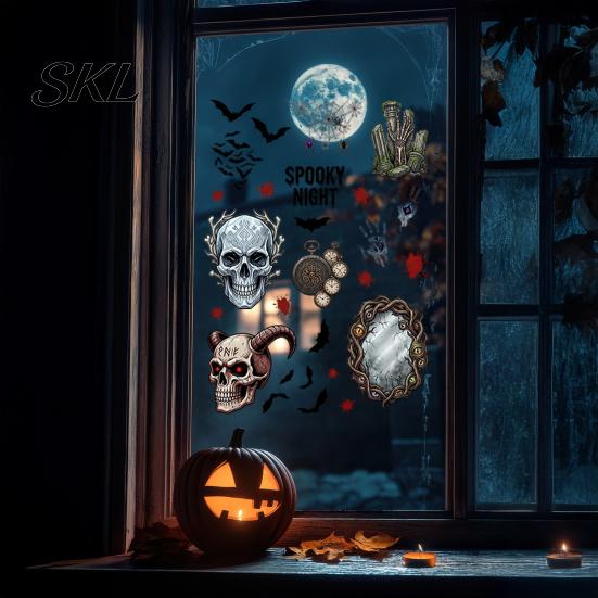 And Skull Cling Halloween Electrostatic Glass Stickers, Demon Blood Handprints Bats Scary Window Outline Decal Clings, Spooky Stickers for Doors