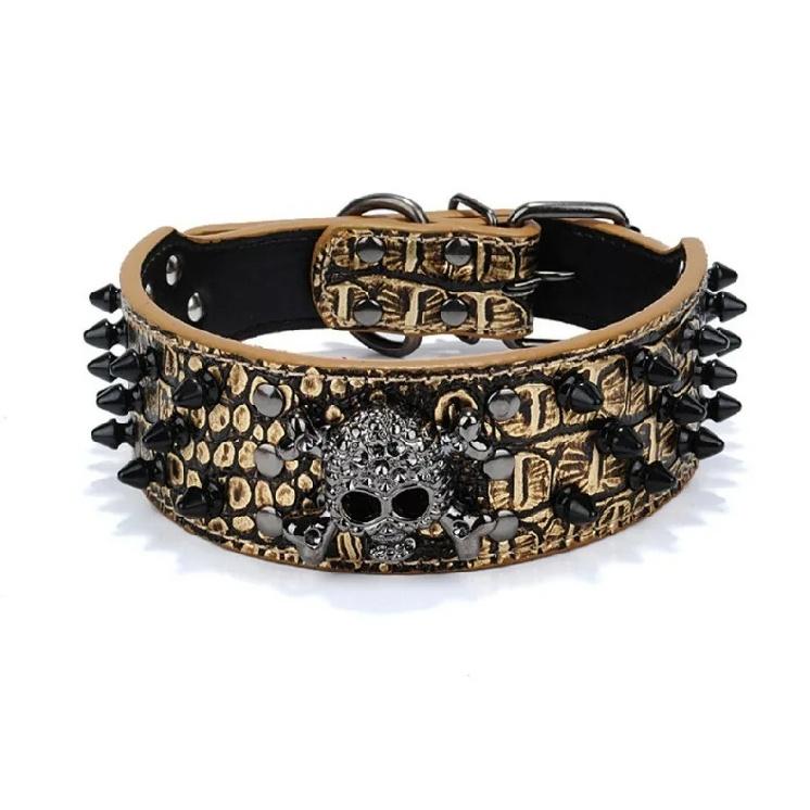 2" Wide Spiked Studded Leather Dog Collar Bullet Rivets with Cool Skull Pet Accessories for Meduim Large Dogs Pitbull Boxer XS-L