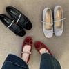Small red shoes that increase in height in the evening wind 2025 spring and autumn ballet soft-soled bow rhinestone word with shallow mouth single sho