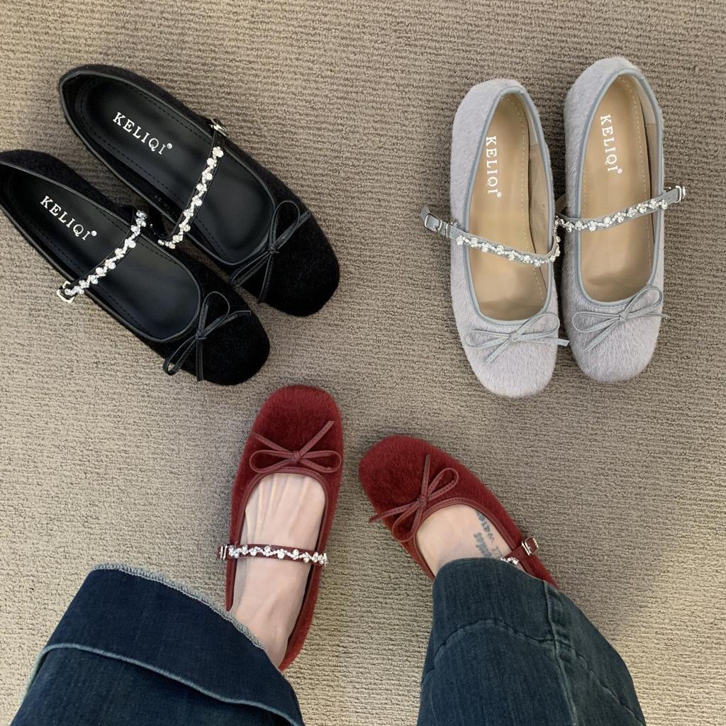Small red shoes that increase in height in the evening wind 2025 spring and autumn ballet soft-soled bow rhinestone word with shallow mouth single sho
