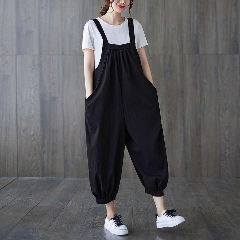 

Женский хлопковый комбинезон большого размера на бретелях-спагетти с брюками-фонариками для лета M (90-115 jin) чёрный