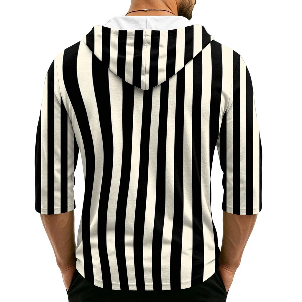 Men's Casual Hooded Striped Three-Quarter Sleeve T-Shirt