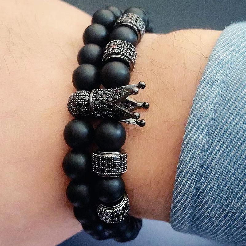 Luxury Natural Black Stone Crown Ball Charm Man Bracelet Women Beaded Bracelets Jewelry Valentines Day Gift