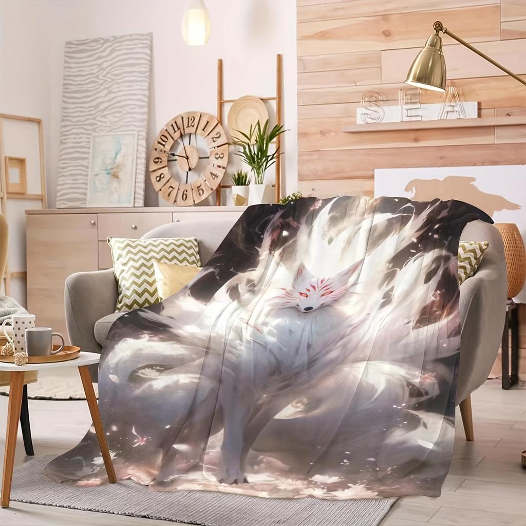 Nine-Tailed Fox Print Throw Blanket for Sofa, Bed, Office, Travel, Camping, and Unique Artistic Home Gift