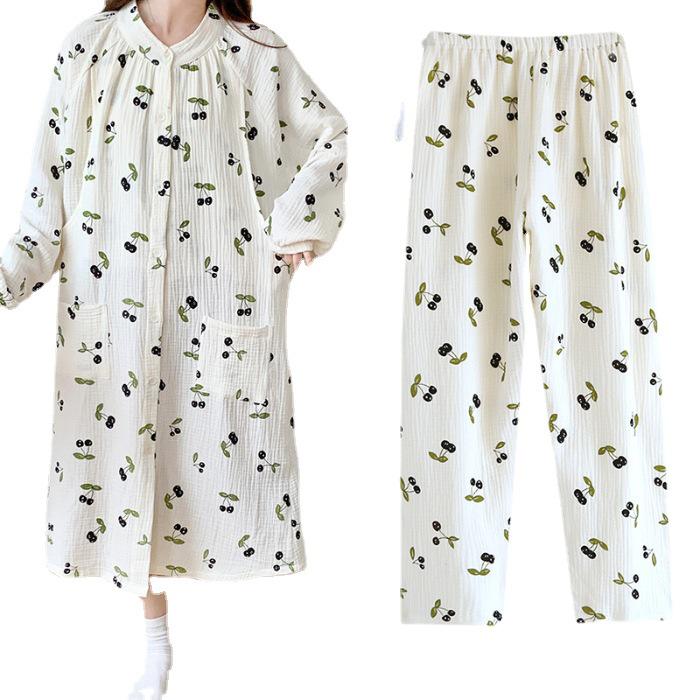 Celobavlněné těhotenské gázové šaty před porodem s kalhotami, poporodní pyžamo a noční košile pro kojení Letní svrchní oděv