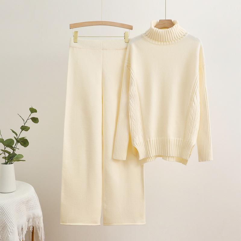 Women's 2-Piece Turtleneck Knit Sweater and Coat Set Casual Loose Wide-Leg Pants Elastic Waist Outfit