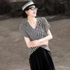 Lanser Women's French Retro Houndstooth Asymmetric V-neck Tie Shirt