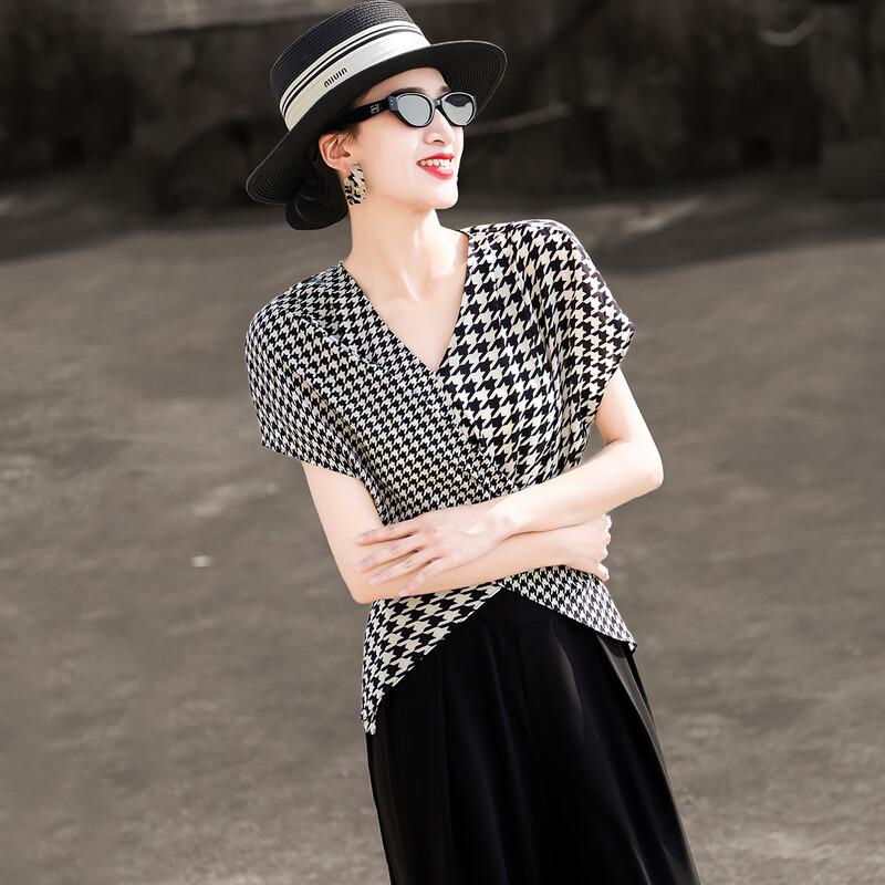 Lanser Women's French Retro Houndstooth Asymmetric V-neck Tie Shirt