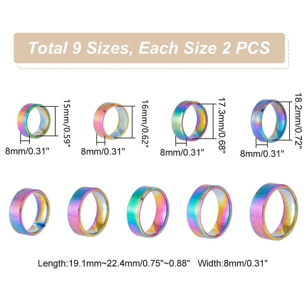 18Pcs 9 Styles Stainless Steel Wide Band Finger Rings for Women Men Plain Band Rings Rainbow Color 8mm Inner Diameter: US Size 4 1/4~13 1/4(15~22.4mm)