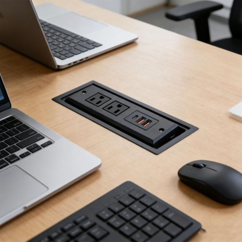 Conference Table Embedded Socket 2 Port 110V Outlets and 2 USB 1 Type C Port for Safe Power Distribution