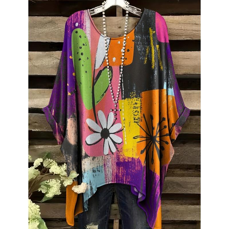 Women's T-Shirt Vintage Floral Pattern Printed Asymmetrical Hem O-Neck Short Sleeve Top Casual Fashion Street Outdoor Tops