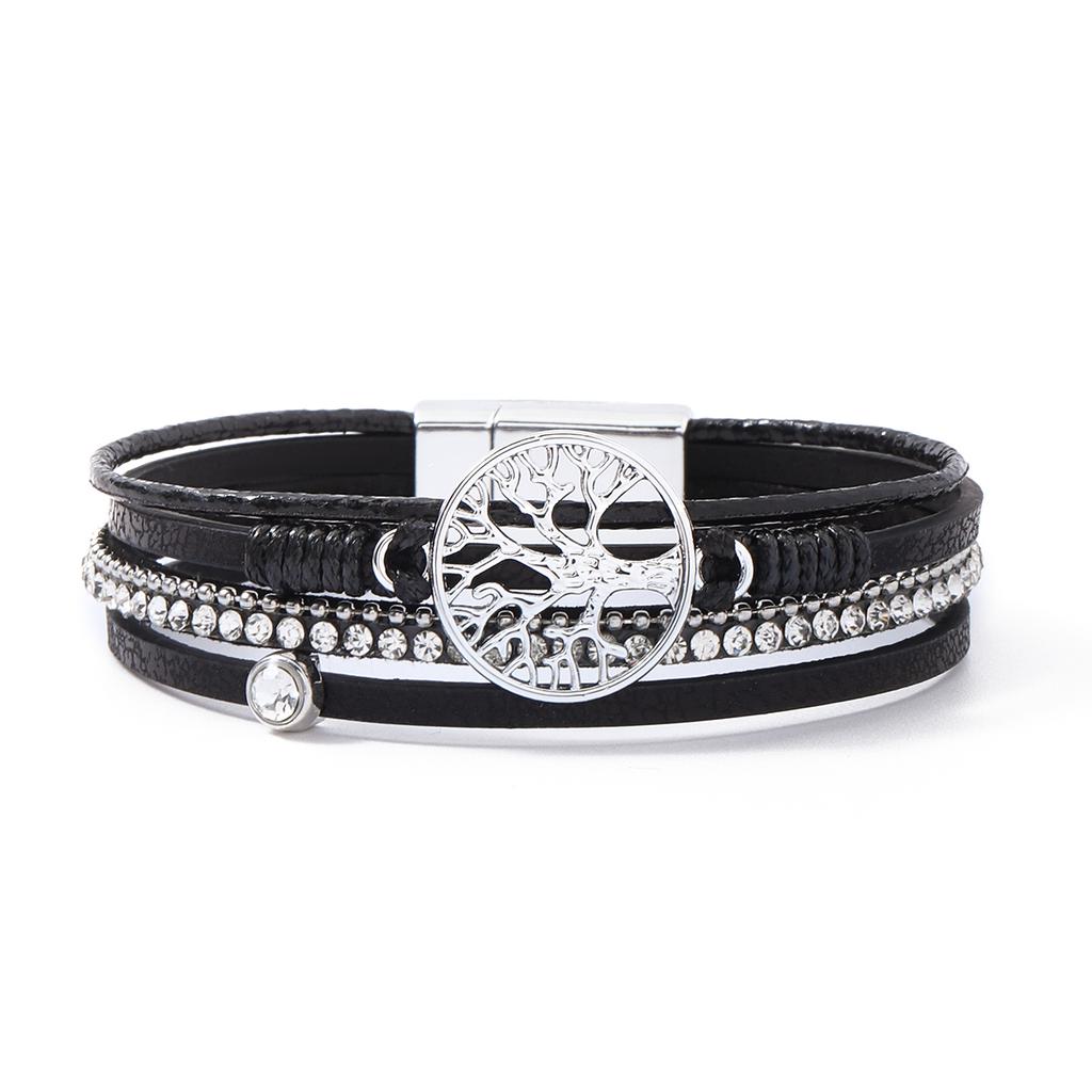 Bohemian Cabala Alloy Tree Life PU Leather Silver Plating Women's Charm Jewelry Dainty Magnet Clasp Wristband Gift
