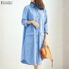 Women Casual Turn Down Collar Long Sleeve Loose Stripe Shirt Dress