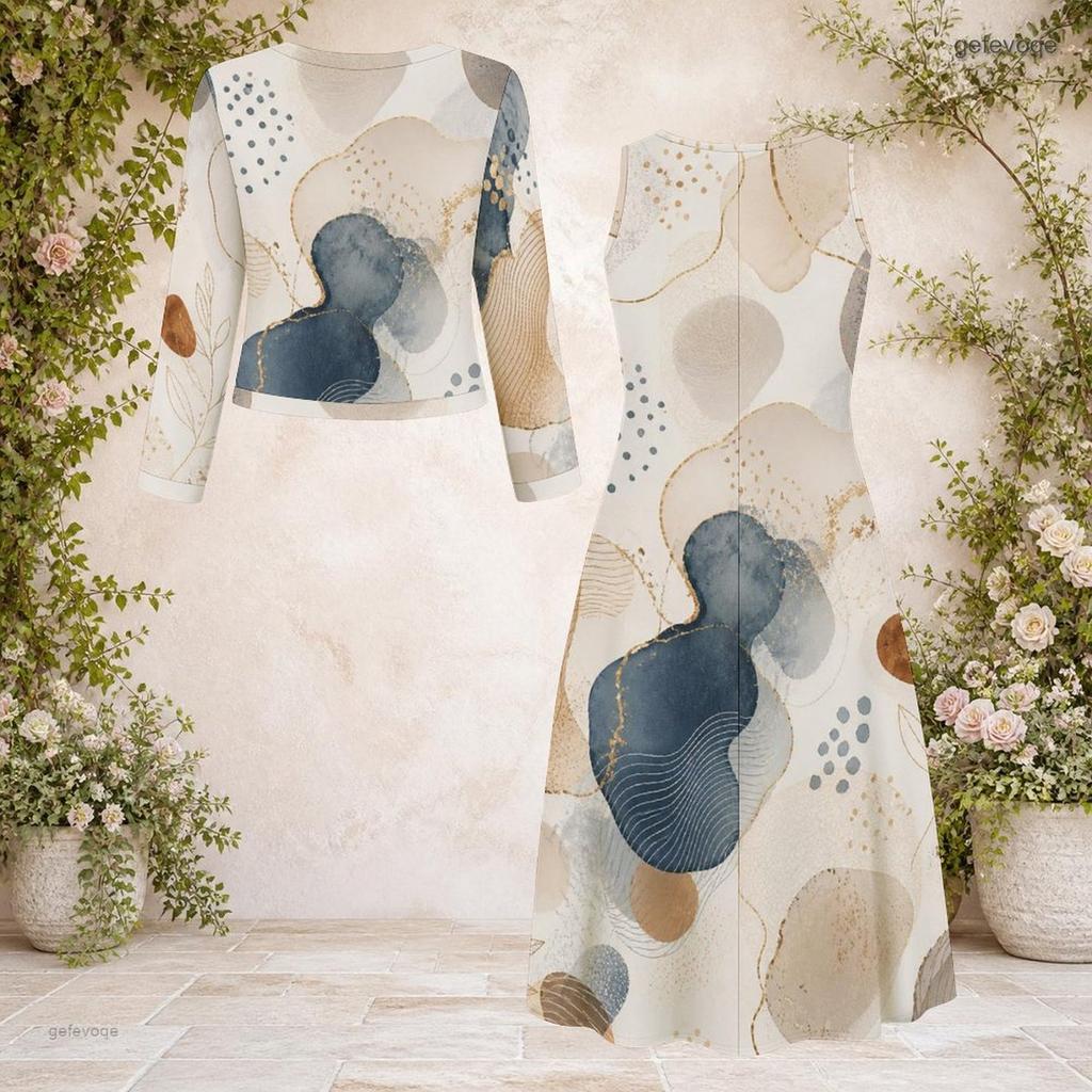 Women Plus Size Printed Round Neck Long Sleeve Cropped Cardigan Sleeveless Midi Dress Two Piece Set