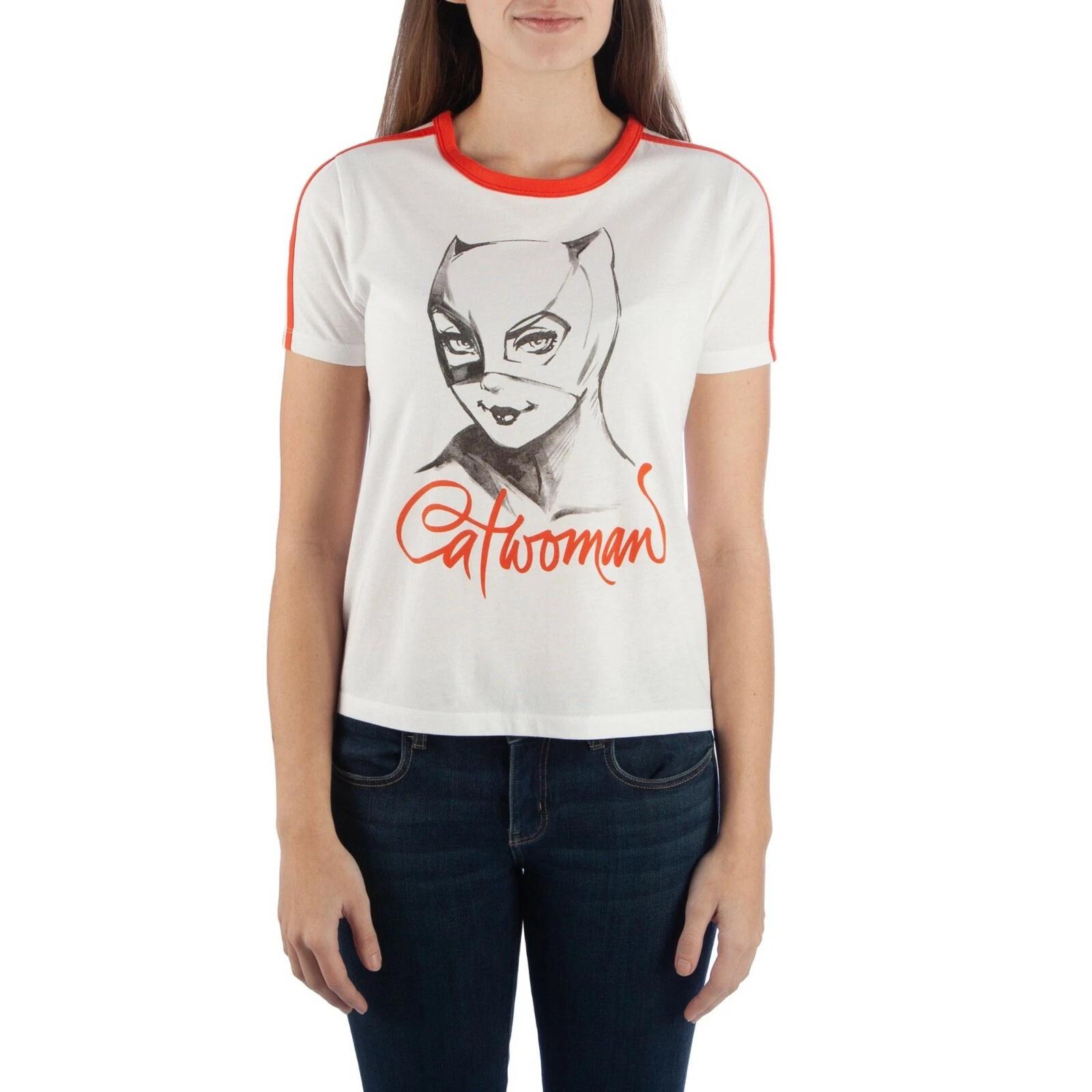 DC Comics Juniors Catwoman Striped Short-Sleeve Ringer T-Shirt NWT M, L, XL, 2XL S