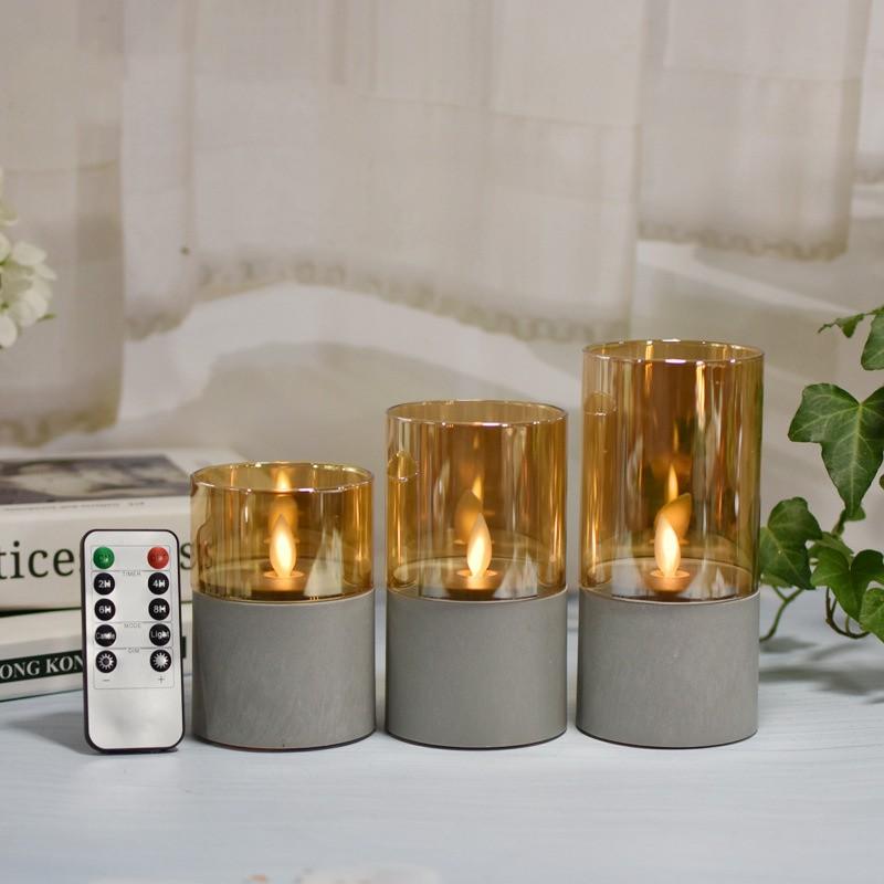 3pcs Glass Flameless Candles Battery Operated Flickering LED Pillar Candle Marbling Fake Wax with Timer for Home