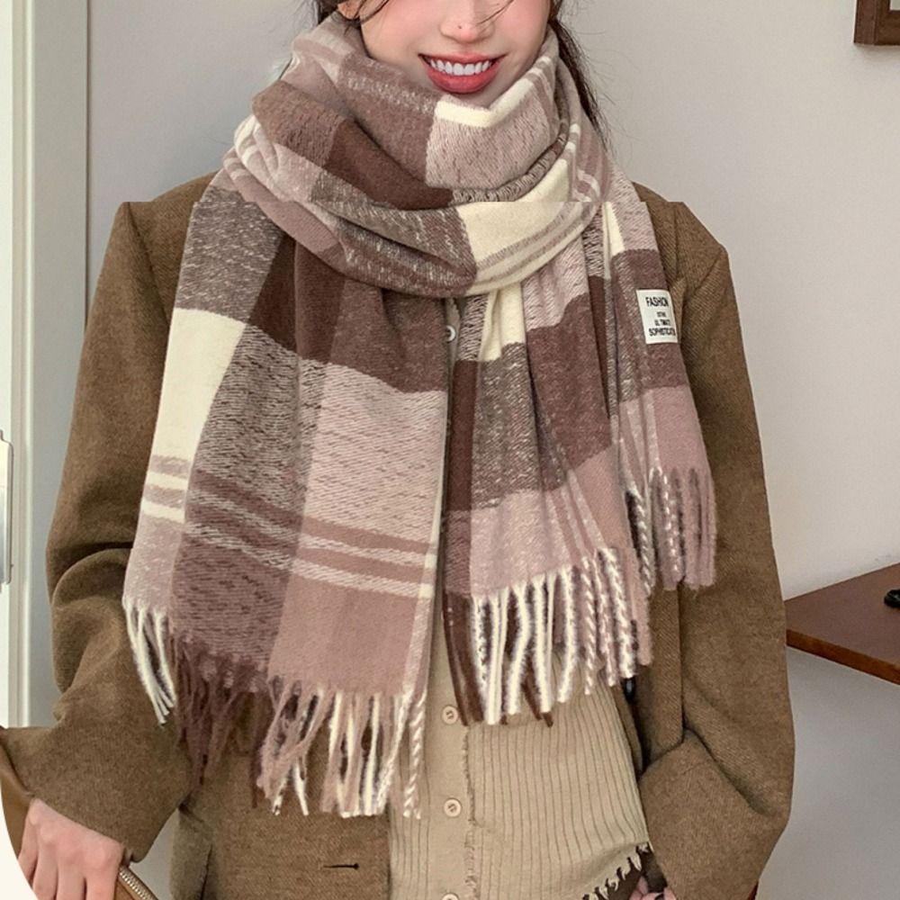 Windproof Plaid Wool Scarf Long Tessel Men Scarf Casual Winter Cashmere Scarf Female