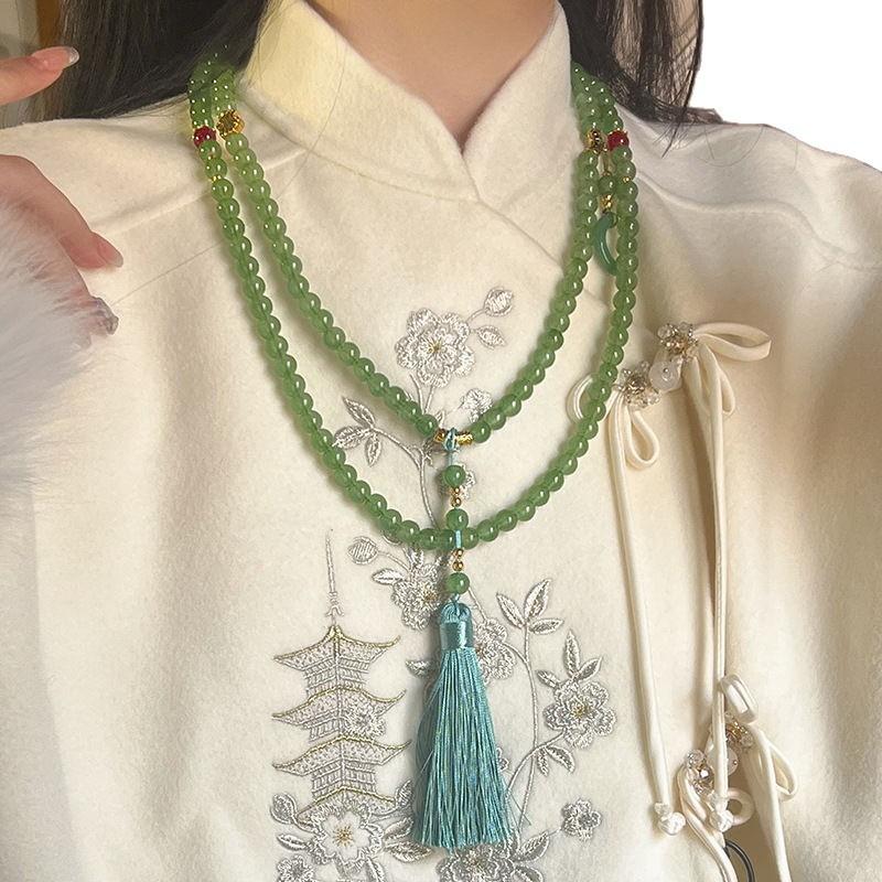 New Chinese Long Green Beaded Necklace Women'S National Style Messenger Chain Retro Temperament A Multi-Wear Sweater Chain Accessories