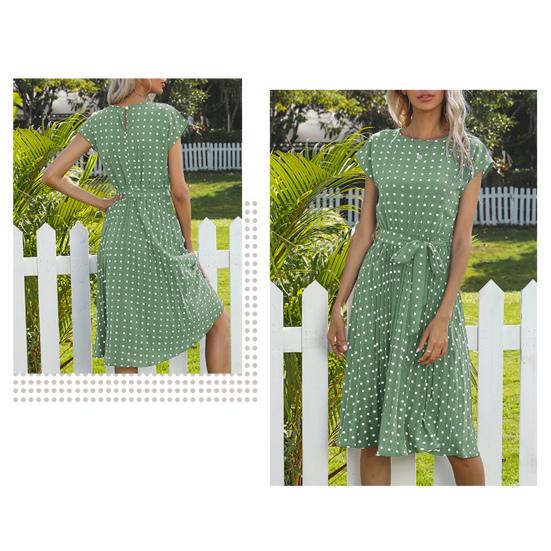 Women Polka Dot Print Midi Dress Crewneck Short Sleeve A-line Dress with Belt Summer