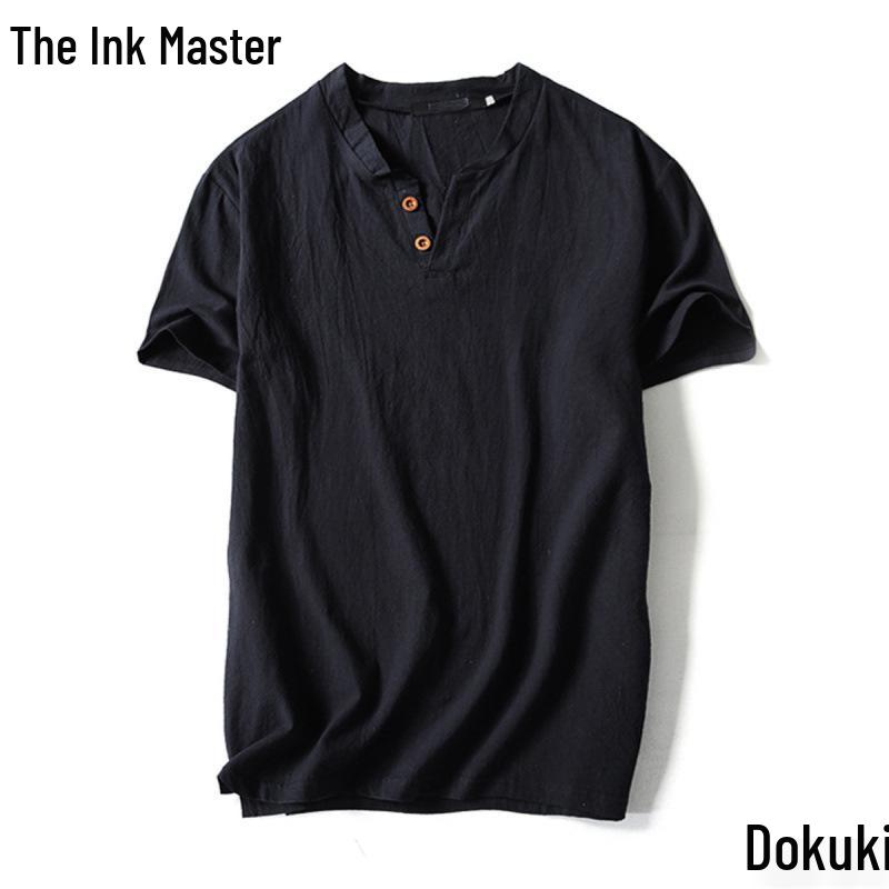 Men's Plus Size Summer Cotton-Linen V-Neck Loose Fit Short Sleeve T-Shirt