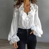 Women Shirt V-Neck Pleated Puff Long Sleeve Summer Shirt Embroidery Lace Splicing Loose Fit Shirt Tops Parties Travel Wear