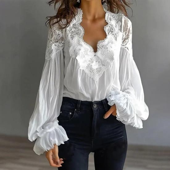Women Shirt V-Neck Pleated Puff Long Sleeve Summer Shirt Embroidery Lace Splicing Loose Fit Shirt Tops Parties Travel Wear