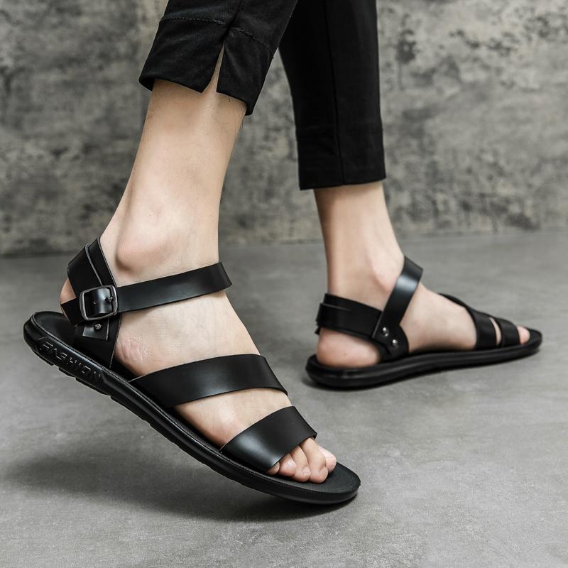 Men Roman Sandals Black White Leather Gladiator Sandals Outdoor Summer Roman Sandals for Men Peep Toe Open Toe Beach Shoes