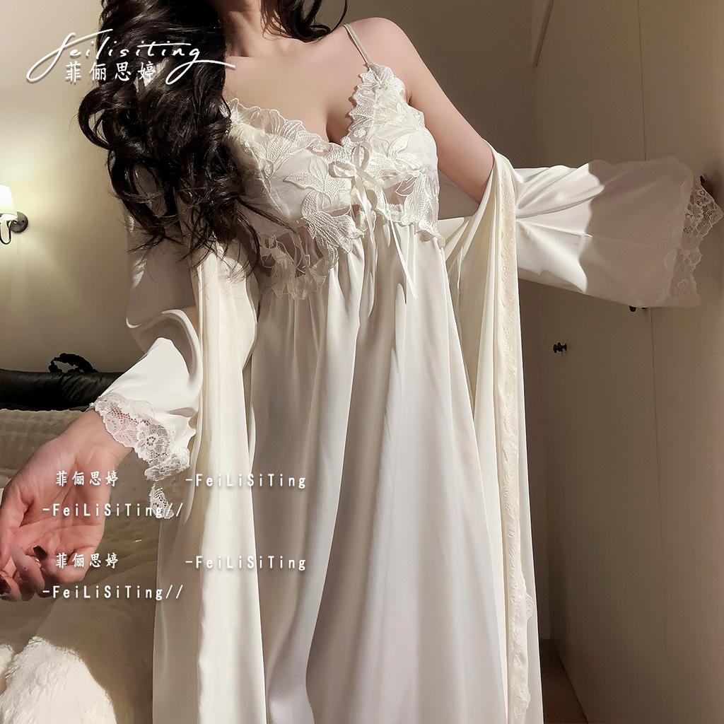 French Romantic Suspender Nightgown Super Long Women's Court Style Nightgown with Chest Pad Silk Two-piece Set of High-end Pajamas