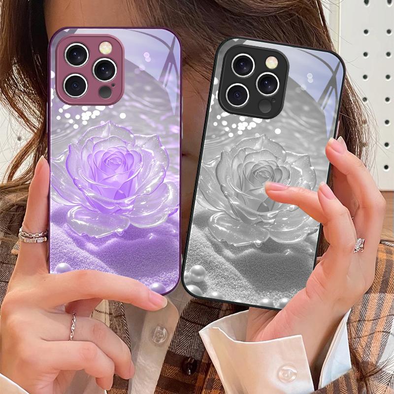 Gradientowy Kryształowa Róża Dla iPhone 16 E 15 14 13 Plus 12 mini 11 Pro Max XR Xs Max 16E X 7 8 6 6S 2022 Hartowane Szkło Pokrowiec na Telefon
