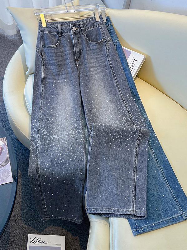 Chic High-Waisted Rhinestone Straight-Leg Jeans for Women - New 2026 Spring/Autumn Style, Slimming and Flowy.
