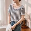 Women's Tencel Wool Naked Feel Fried Thin Skin-friendly Icy Loose T-shirt Summer Short-sleeved Black and White Striped Outerwear Tops